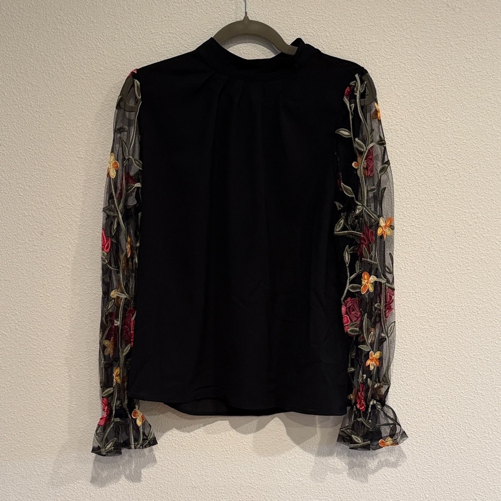 SHEIN Elegant Black Blouse with Colorful Embroidered Sleeves